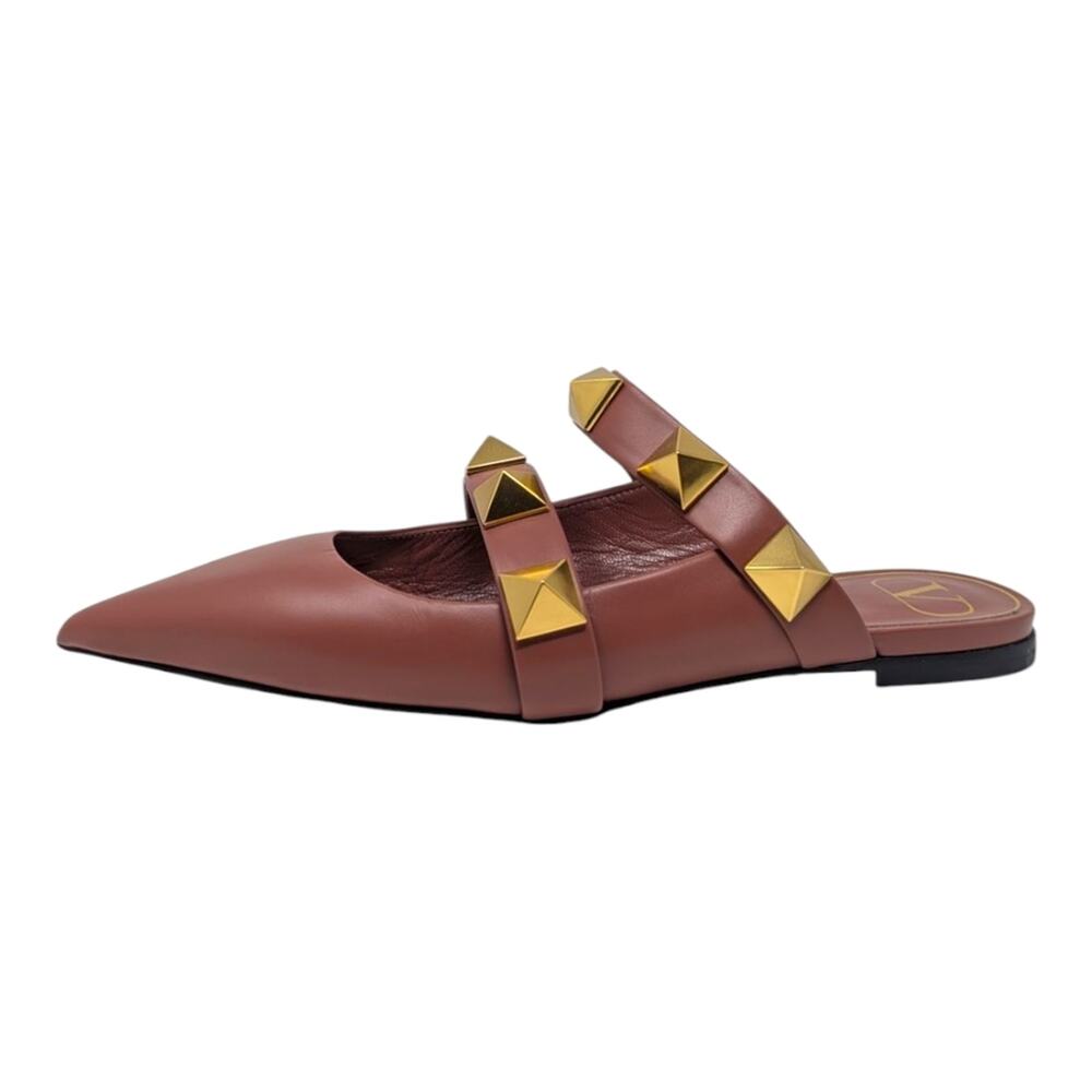 Valentino Garavani Roman Stud Pointed Toe Flat Mule Pink Gold Brown 38 | 7.5